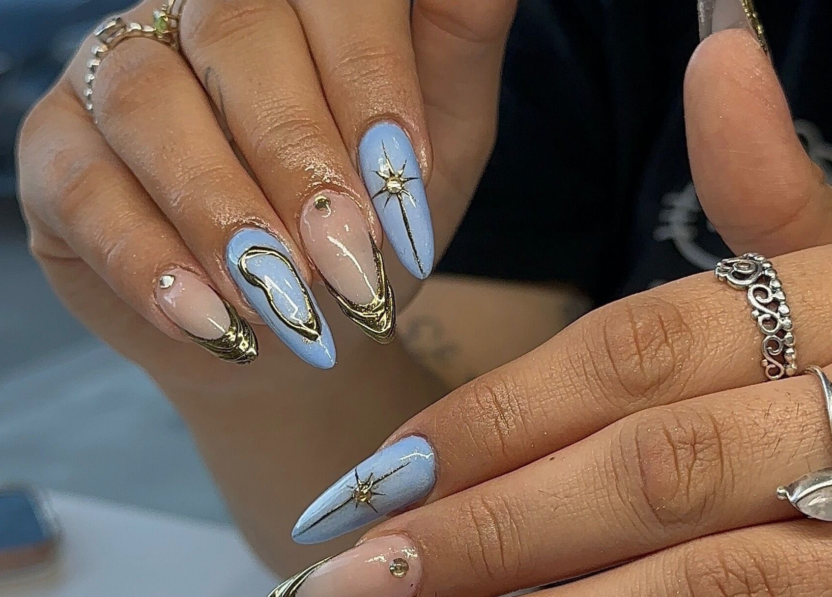 Stylish blue and gold nail art at Nails By Sar, Peak Crossing, Queensland, AU.