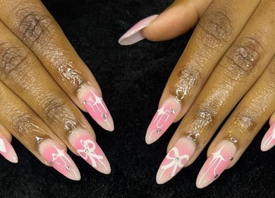 Elegant pink nail art with bows at Nails By Amber J, Cape Town, Western Cape, ZA.