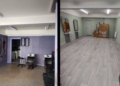 Interior of Silent Cuts salon, Downpatrick, Northern Ireland, GB, featuring modern styling chairs and washing stations.