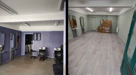 Modern salon interior of Silent Cuts, Downpatrick, Northern Ireland, showcasing styling stations and sleek flooring.