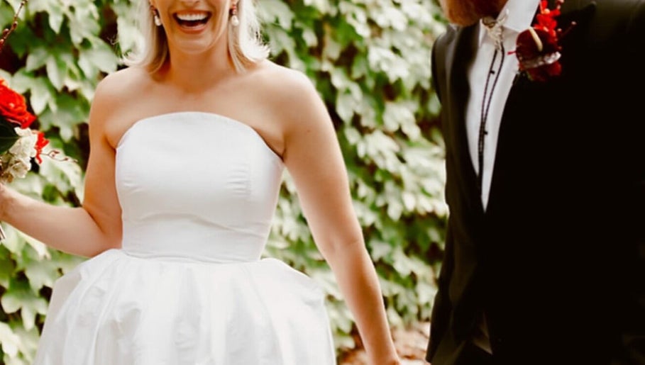 Bride in white gown smiling at The Whitening Room, Happy Valley, South Australia, AU.