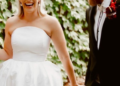 Bride in white gown smiling at The Whitening Room, Happy Valley, South Australia, AU.