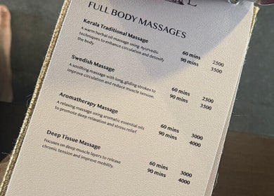 Spa services menu at Gramam Living - Spa in Varkala, Kerala, IN offering various full body massages.