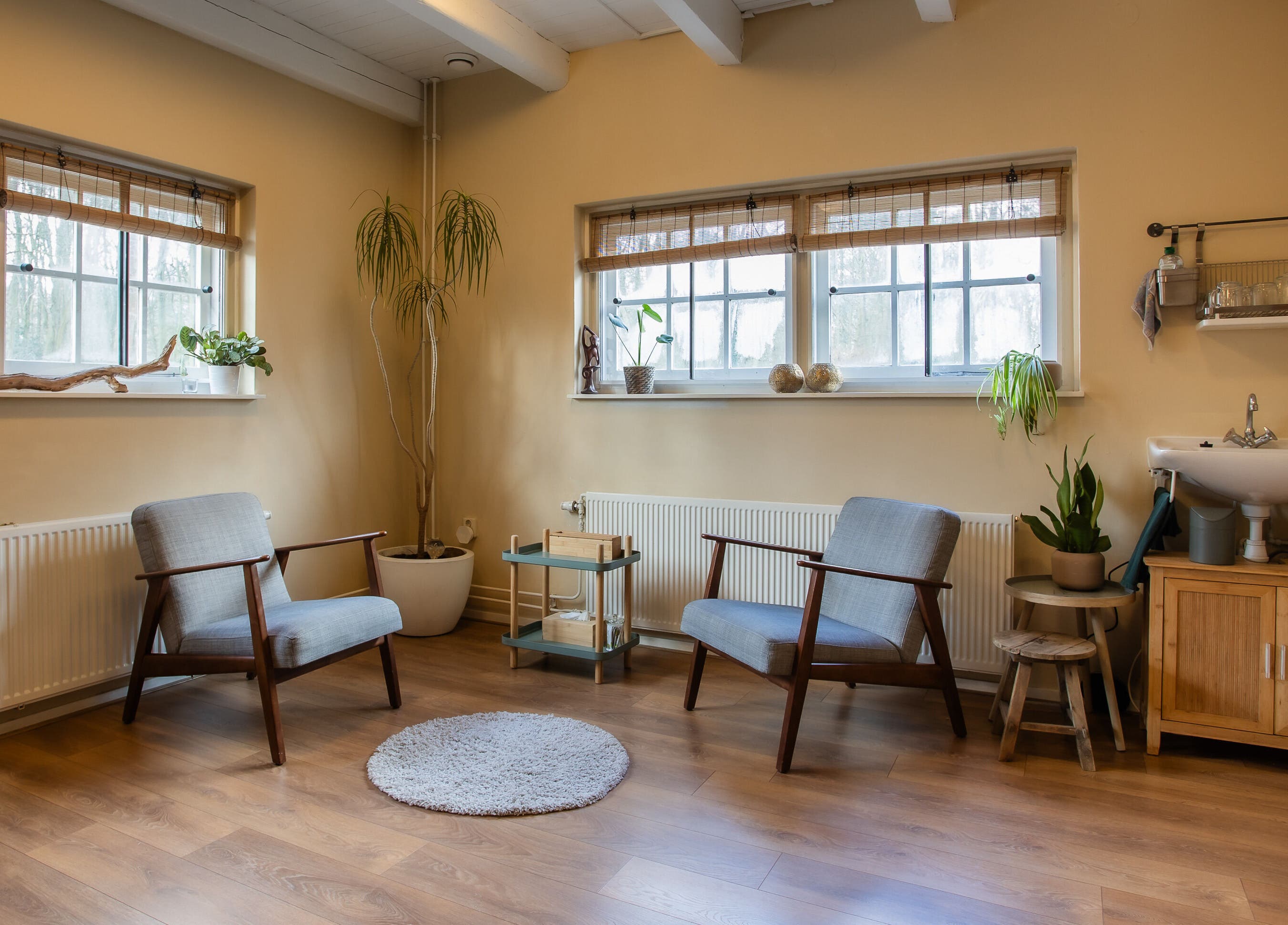 Stijlvolle lounge bij Pauze met Marijke, Leiden, Zuid-Holland, NL met comfortabele stoelen en planten.