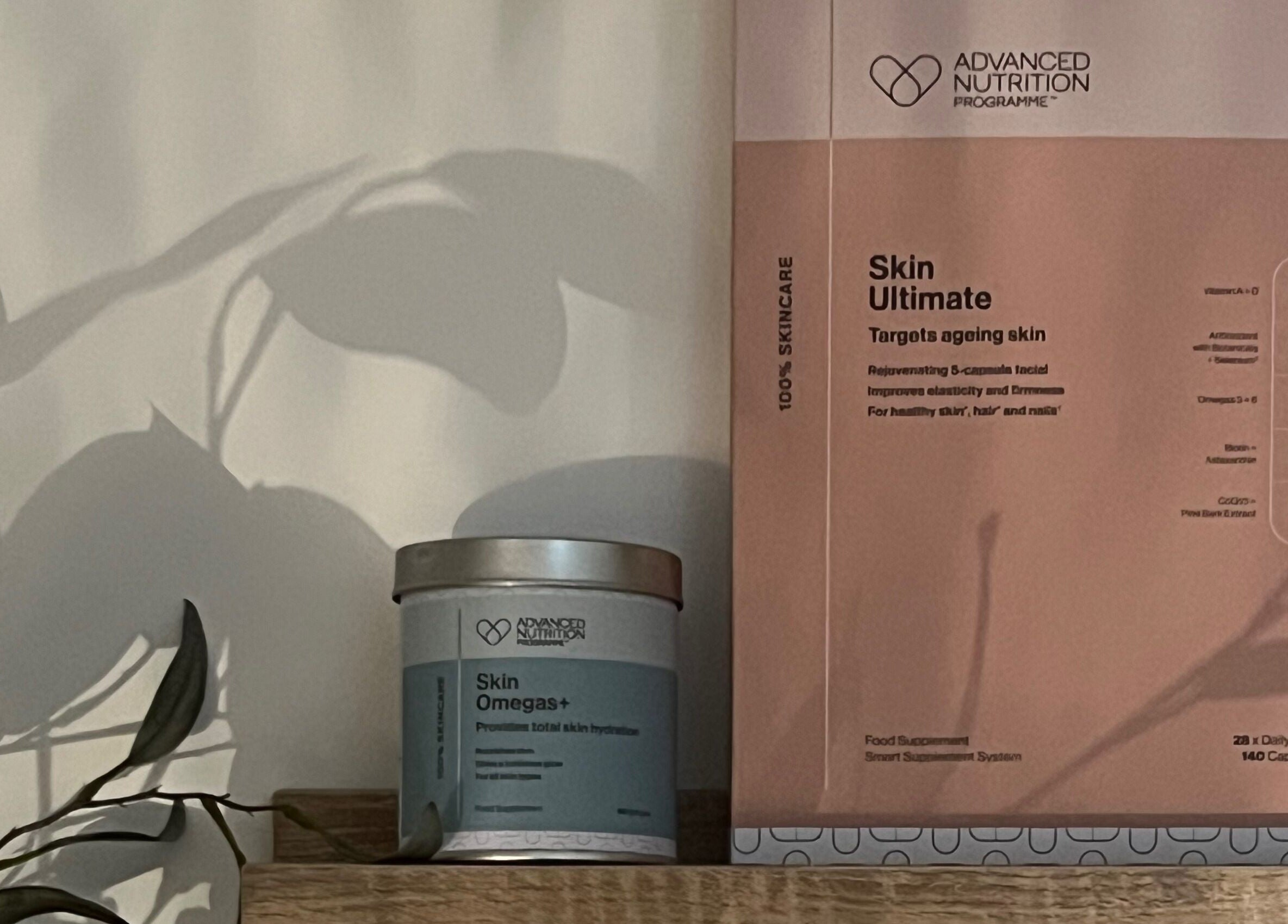 Oak + Glow wellness products displayed in Chaldon, England, GB. Skin Ultimate targets aging skin with essential nutrients.