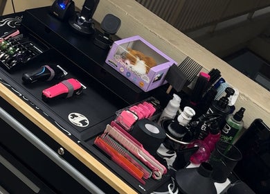 Chic styling station at Rascals with grooming tools in Singapore, Singapore, SG.