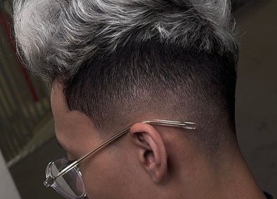 Close-up of a modern silver fade hairstyle at Rascals, Singapore, Singapore, SG.
