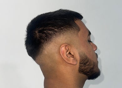 Close-up of a sharp fade haircut at a_taperz in London, England, GB.