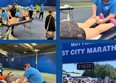 Athletes receiving massage at MPR Sports Massage, Newtownabbey, NI after marathon.