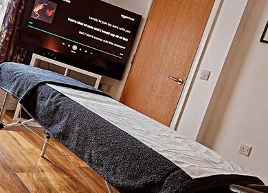 Calming massage room at MPR Sports Massage, Newtownabbey, Northern Ireland, GB with relaxing ambiance.
