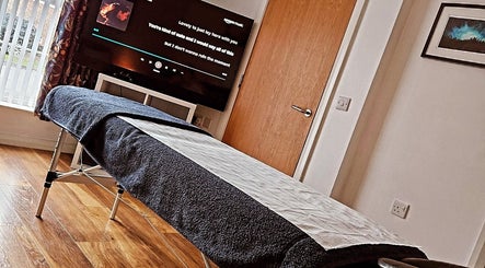 Calming massage room at MPR Sports Massage, Newtownabbey, Northern Ireland, GB with relaxing ambiance.