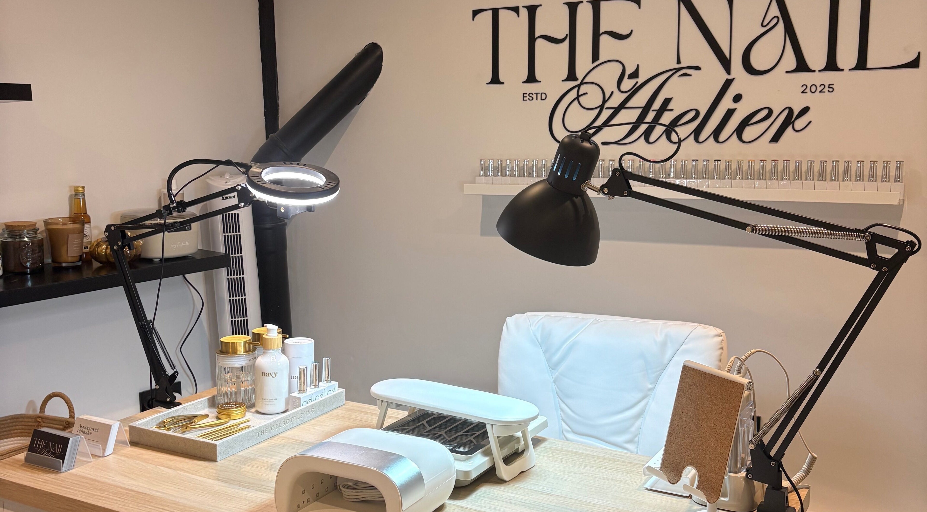 Cozy nail station at Refined. By Holly in Chelmsford, England, GB. Modern lamps and polish collection.