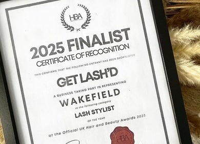 Certificate congratulating Get Lash’D in Wakefield, England, GB for 2025 finalist at Hair and Beauty Awards.