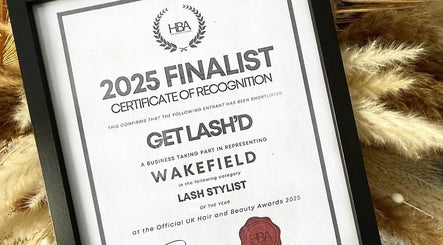 Certificate congratulating Get Lash’D in Wakefield, England, GB for 2025 finalist at Hair and Beauty Awards.