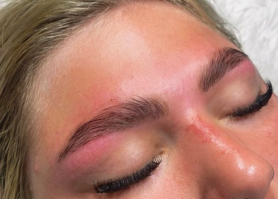 Close-up of expertly shaped brows and lashes at Get Lash’D, Wakefield, England, GB enhancing natural beauty.