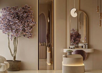 Interior de Amara - Women's Beauty Club en Providencia, Región Metropolitana, CL, con árbol decorativo y diseño moderno.