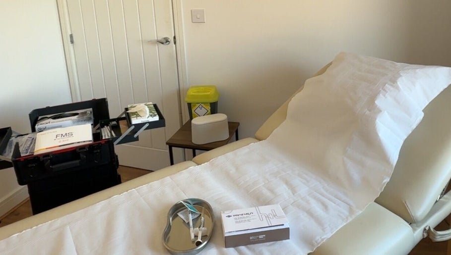 Relaxing treatment room at White House Aesthetic, Tring, England, GB ready for wellness therapies.