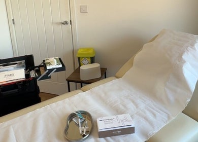 Relaxing treatment room at White House Aesthetic, Tring, England, GB ready for wellness therapies.