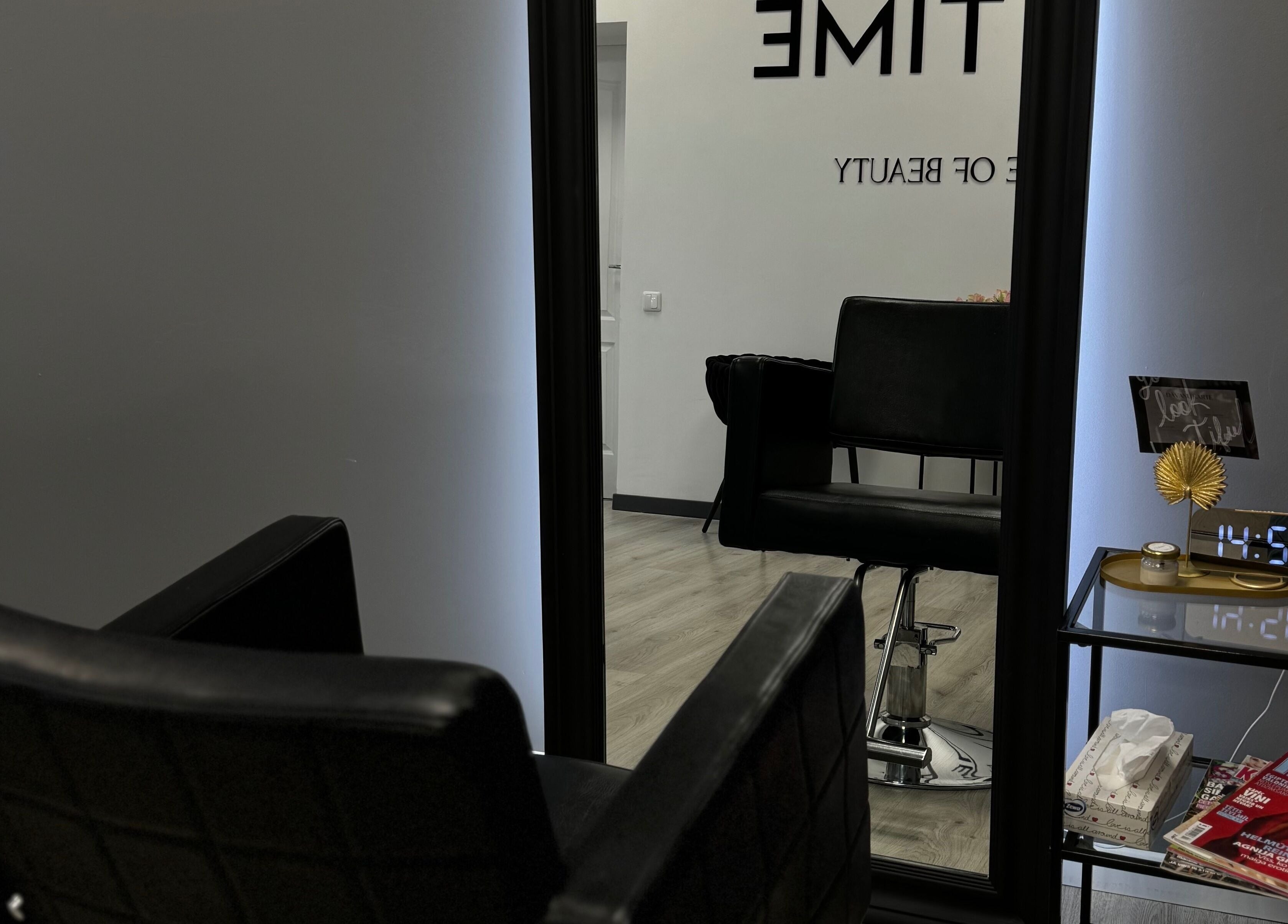 Stylish salon setup at ME TIME STUDIO, Jelgava, LV, featuring a mirror, chair, and decor.