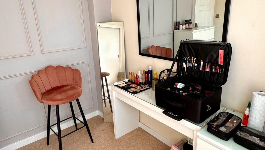 Makeup setup at Beth Ritchie Makeup Artist in Peebles, Scotland, GB with chair and mirror.