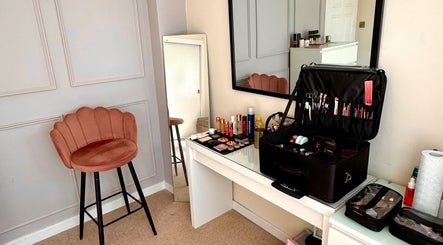 Makeup setup at Beth Ritchie Makeup Artist in Peebles, Scotland, GB with chair and mirror.