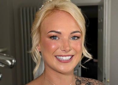 Smiling client with elegant makeup by Beth Ritchie Makeup Artist in Peebles, Scotland, GB.