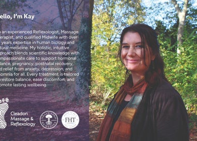 Kay, a therapist at Cleadon Massage & Reflexology in Cleadon, Village, England, GB, smiling in a wooded path.