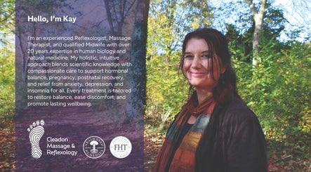 Kay, a therapist at Cleadon Massage & Reflexology in Cleadon, Village, England, GB, smiling in a wooded path.