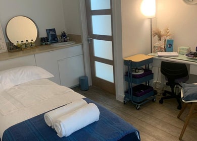 Tranquil therapy room at Cleadon Massage & Reflexology, Cleadon, Village, England, GB with massage bed and essentials.