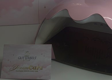 Pink glittery nail care station at Built By Mikaela, Skewen, Wales, GB, showcasing Glitterbels product.