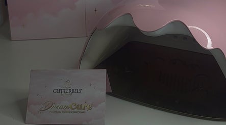 Pink glittery nail care station at Built By Mikaela, Skewen, Wales, GB, showcasing Glitterbels product.
