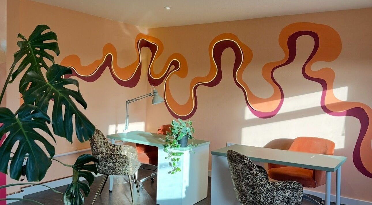Nail studio interior with artistic wall design at Nails by Caroline x, Somerton, England, GB.