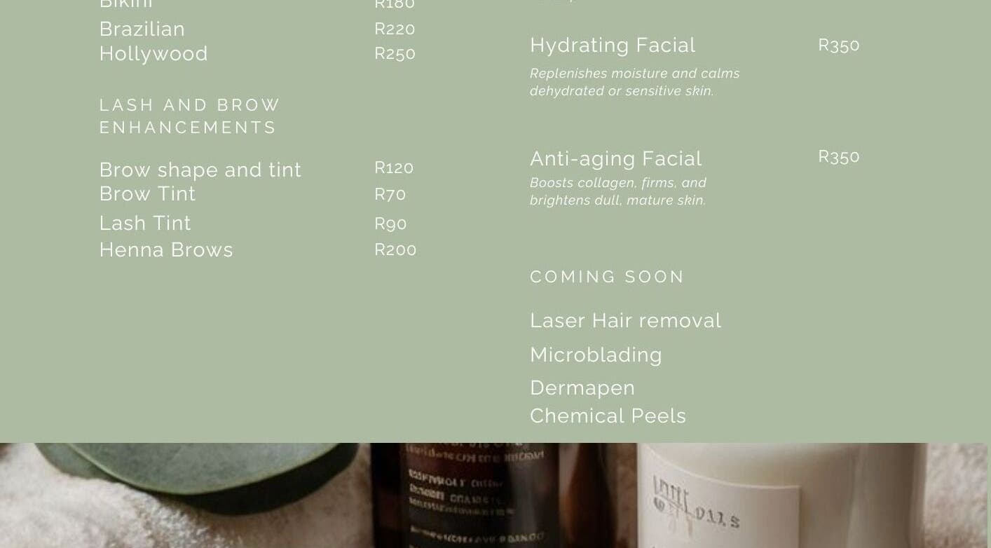 Service menu of Alítheia Aesthetics in Cape Town, Western Cape, ZA, showcasing facial and brow enhancements.