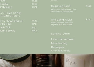 Service menu at Alítheia Aesthetics, Cape Town, Western Cape, ZA, featuring facials, hair removal, and more.