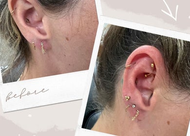 Before and after ear piercing at Wild Rose, Lincoln, Nebraska, US, highlighting elegant gold jewelry.