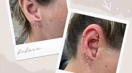 Before and after ear piercing at Wild Rose, Lincoln, Nebraska, US, highlighting elegant gold jewelry.