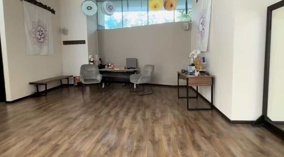 Sala elegante de Dani Reikii en Ciudad De México, MX, con suelo de madera y decoración zen.