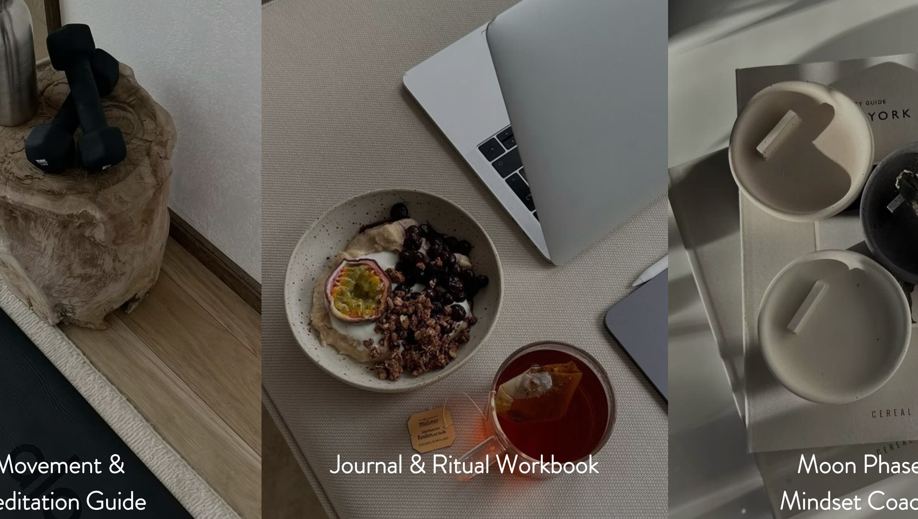 Neurobloom in Eatontown, New Jersey, US features wellness essentials: dumbbells, a healthy snack, tea, and candles.