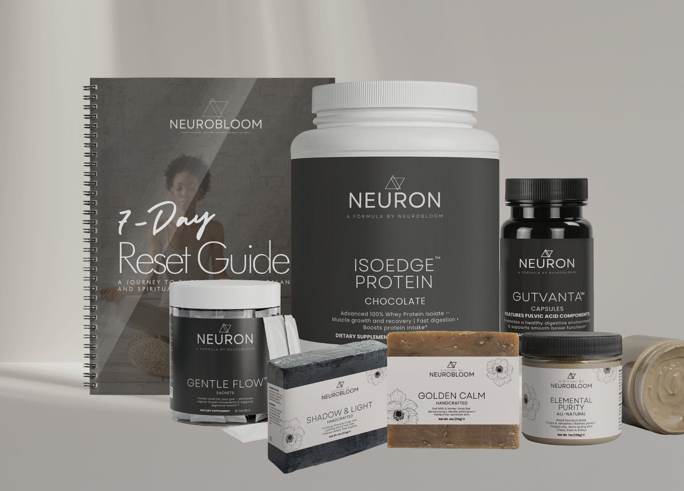 Neurobloom wellness products including supplements and a guide book from Eatontown, New Jersey, US.