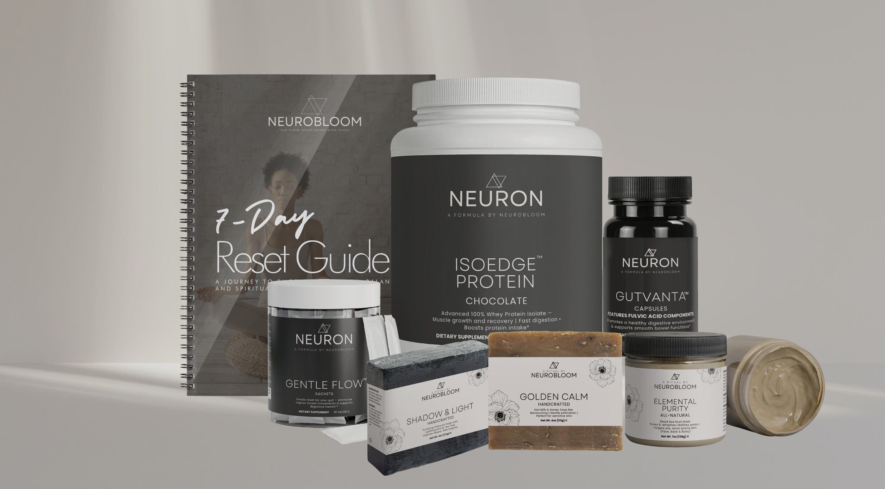 Neurobloom wellness products including supplements and a guide book from Eatontown, New Jersey, US.