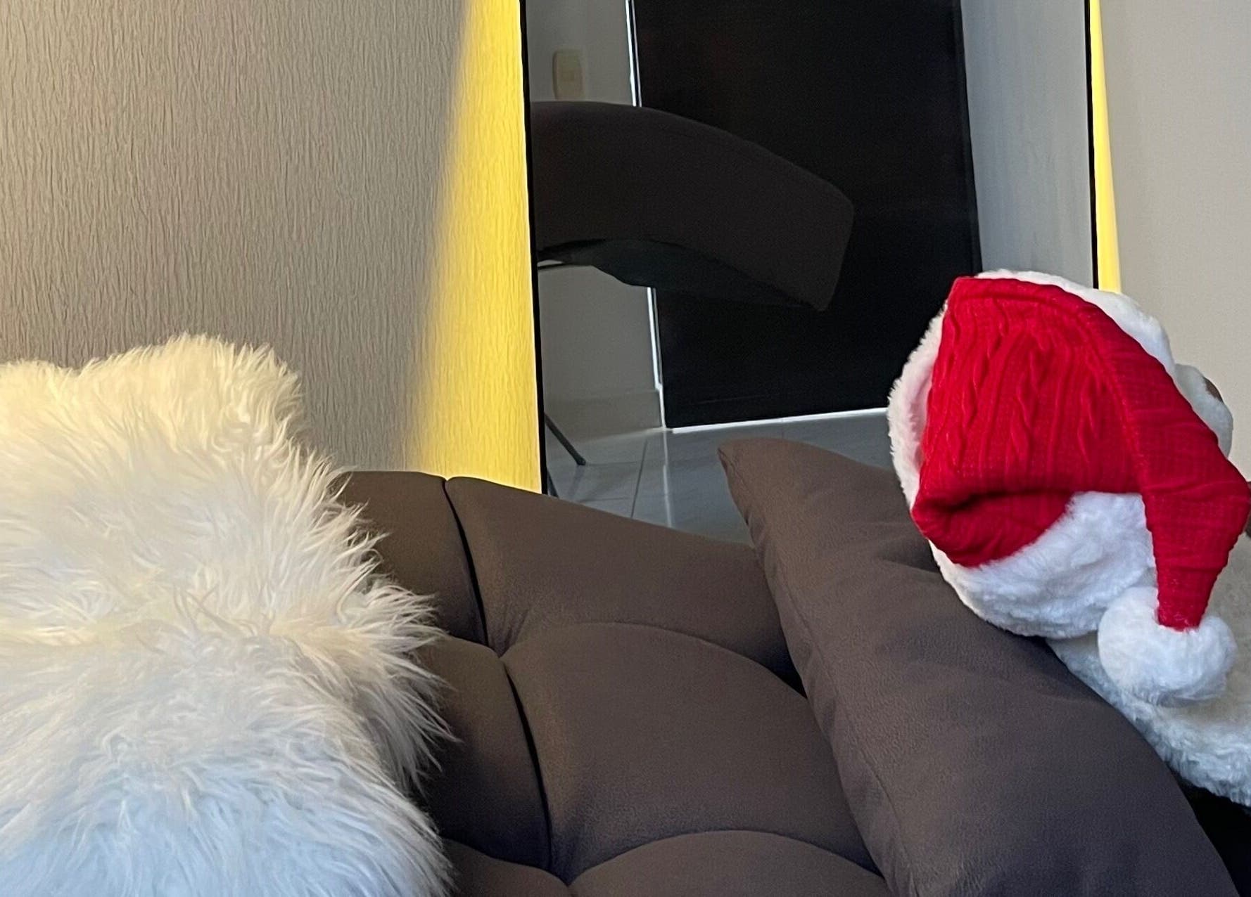 Decoración festiva en O´kampo STUDIO, Pereira, Risaralda, CO, con cojines y peluche navideño.