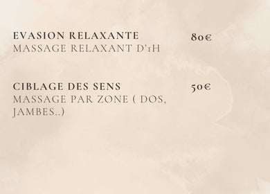 Menu des massages chez Ti Plézi à Baie-Mahault, Guadeloupe, FR, avec tarifs pour évasion relaxante et ciblage des sens.
