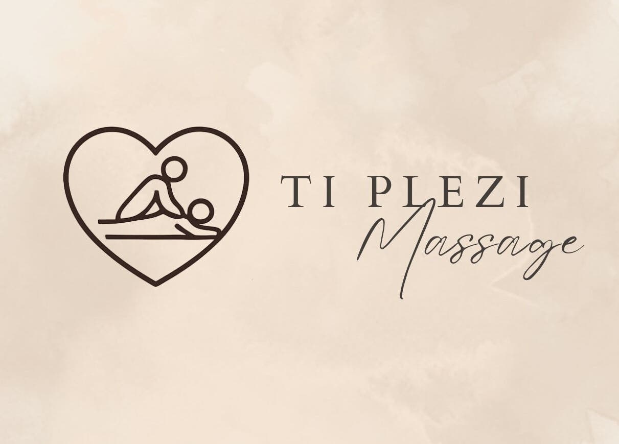 Logo de Ti Plézi, salon de massage à Baie-Mahault, Guadeloupe, FR, sur fond beige apaisant.