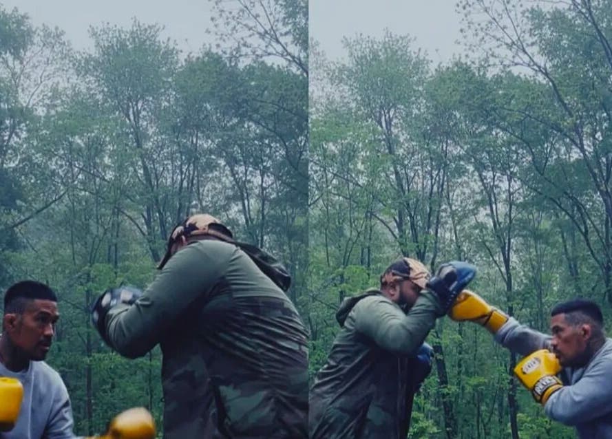 Outdoor boxing session at The Flow State Method LLC, Branchburg, New Jersey, US amidst lush green trees.