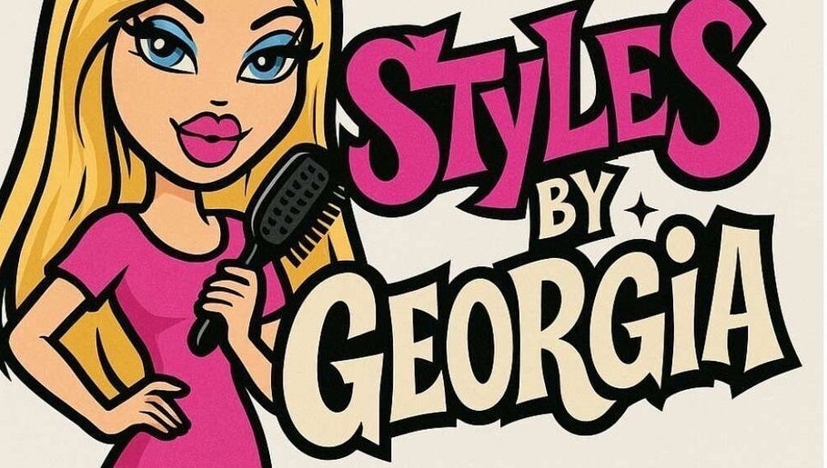 Cartoon logo of Stylesbygeorgia, a beauty salon in Sunderland, England, GB, with a blonde character holding a brush.