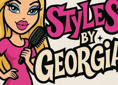 Cartoon logo of Stylesbygeorgia, a beauty salon in Sunderland, England, GB, with a blonde character holding a brush.