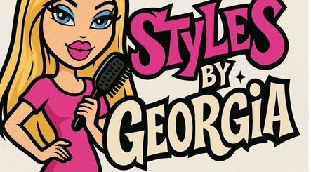Cartoon logo of Stylesbygeorgia, a beauty salon in Sunderland, England, GB, with a blonde character holding a brush.