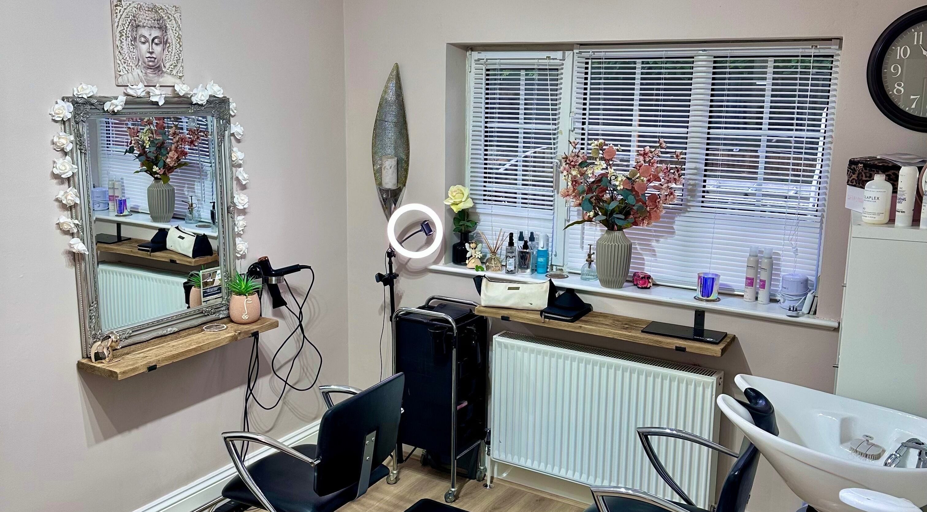 Chic salon interior at Clair Blackmore Hair & Make Up Artist, Aberford, England, GB, featuring decor and styling chair.