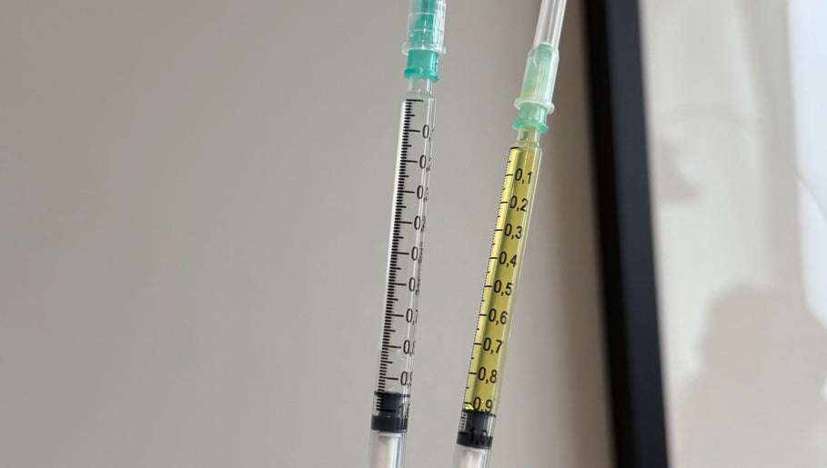 Close-up of syringes at Re.scalp, Birmingham, England, GB showcasing wellness procedures.