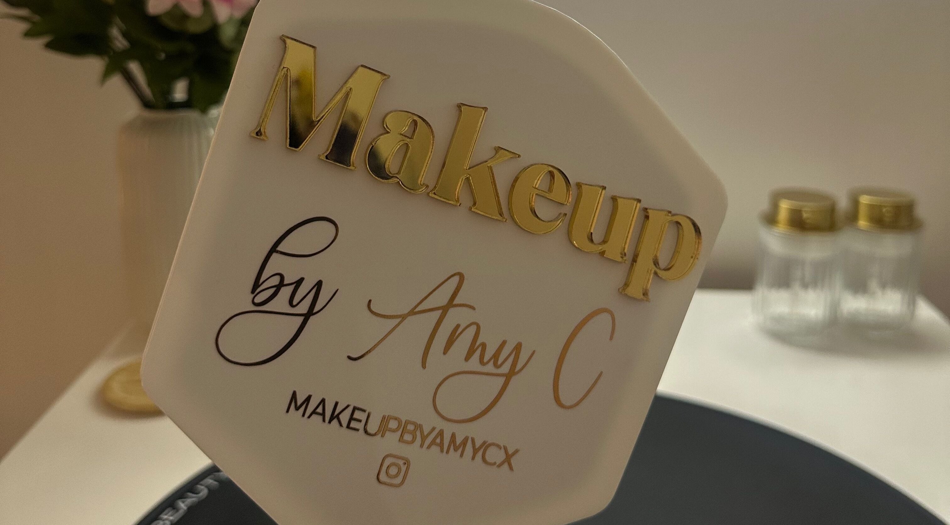 MakeupbyAmyC branding sign in elegant script at venue in East Kilbride, Scotland, GB.